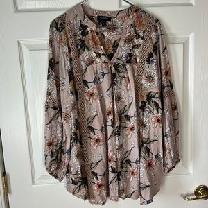 RD+ Koko Boho Vneck Long Sleeved Taupe Floral Printed Flowy‎ Tunic, Sz 1X